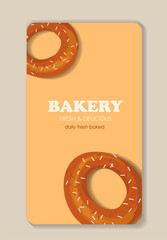 Bakery shop poster. Donut with glaze. Homemade bakery and pastry products. Dessert and delicacy, yummy. Cover or banner. Flat vector illustration