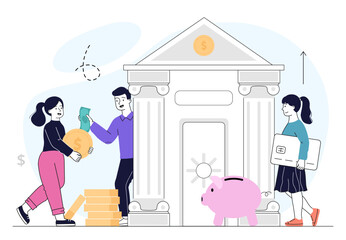 People with bank. Man with banknotes, women with gold coins. Banking building with cash. Government department. Financial occupation. Linear vector illustration