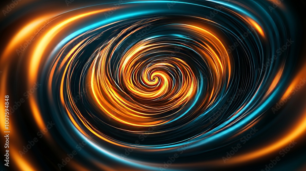 Poster a vibrant swirl of orange and blue light, creating a mesmerizing abstract pattern on a dark backgrou