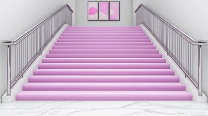 Obraz premium Pink Carpeted Stairs with Chrome Railings in Modern Interior Design