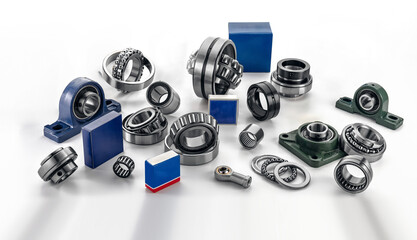 Various types of bearings and mechanical parts are displayed in an organized manner, showcasing their forms and functions ideal for engineering projects and repairs.