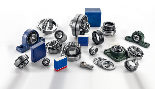 Various types of bearings and mechanical parts are displayed in an organized manner, showcasing their forms and functions ideal for engineering projects and repairs.