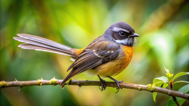 A beautiful New Zealand fantail bird perched on a branch in its natural lush green habitat