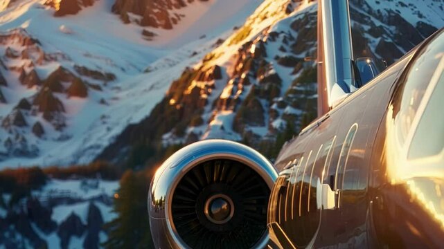 Luxurious private jet is gleaming in the golden light of the setting sun, parked in front of a breathtaking panorama of snow capped mountains