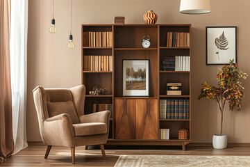 Stylish Retro Living Room with Brown Armchair, Wooden Bookcase, Pendant Lamp, and Elegant Home Decor