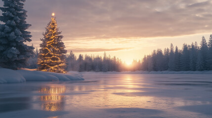 a calm frozen lake surrounded by snow-covered trees, a lone, beautifully decorated Christmas tree glowing in the distance, peaceful and serene, landscape