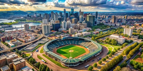 Aerial Perspective of a Major Baseball Stadium Surrounded by Urban Landscape and Cityscape