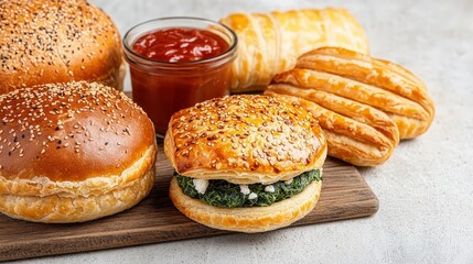 Delicious Spinach and Feta Cheese Puff Pastry Cups with Sesame Seeds and Ketchup
