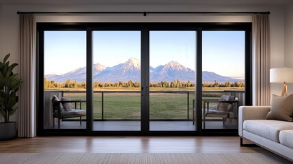 Modern Living Room with Mountain View and Patio Doors