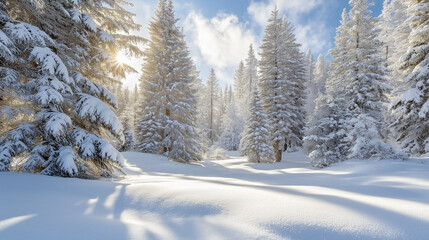 Winter Wonderland Landscape with Snow-Covered Pine Trees – a snow-covered winter wonderland, towering pine trees dusted with fresh snow, soft light peeking through the trees