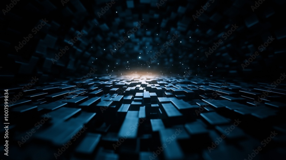 Poster abstract digital landscape with floating blocks in a dark environment, illuminated by a central glow