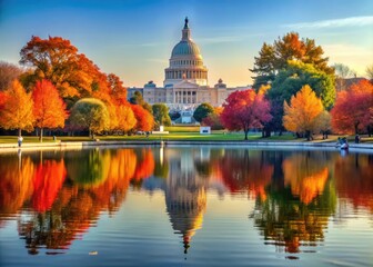 Obraz premium Autumn Capitol Hill Panorama with Reflecting Pool and Colorful Trees in Washington DC on a Sunny Day