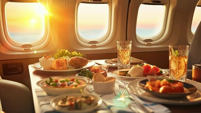 Indulge in a luxurious dining experience inside a private jet at sunset over the ocean. With gourmet food and drinks served on a table