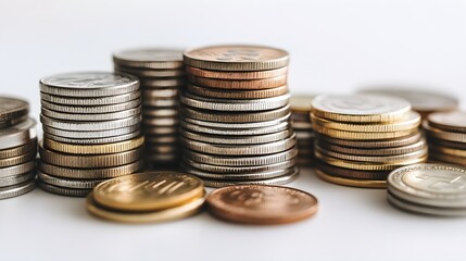 Realistic close-up of various coins stacked on a smooth surface, showcasing intricate details and textures against a light solid color background