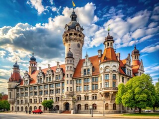 Obraz premium Beautiful architectural view of Neues Rathaus in Leipzig showcasing its grandeur and historical significance