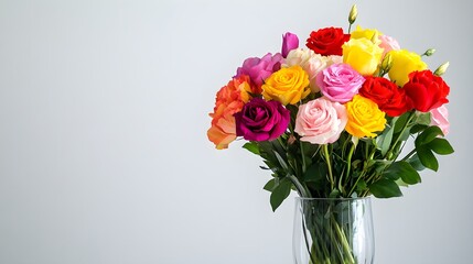 Fototapeta premium A beautiful arrangement of colorful flowers in a vase, symbolizing love and appreciation for mothers, against a light solid color background