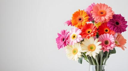 Obraz premium A beautiful arrangement of colorful flowers in a vase, symbolizing love and appreciation for mothers, against a light solid color background