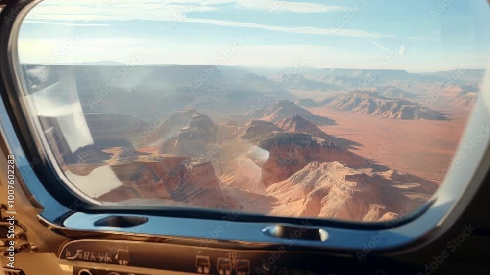 Poster sunlight is illuminating a vast canyon landscape with mesas and buttes below as seen through the win