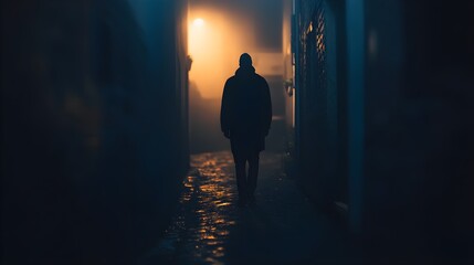 A shadowy figure standing in a dimly lit alley, shrouded in mystery, with a blurred background and ample copy space