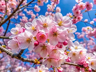 Obraz premium Beautiful Cherry Blossom Tree in Full Bloom Against a Clear Blue Sky, Springtime Nature Scene