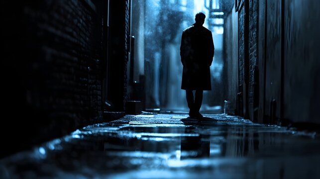 A shadowy figure standing in a dimly lit alley, shrouded in mystery, with a blurred background and ample copy space