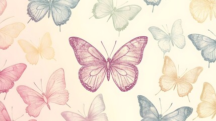 A seamless pattern of intricately detailed butterflies fluttering against a soft pastel backdrop