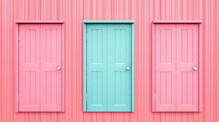Three Doors   Pink and Blue Doors on a Pink Wall  Minimalist Design  Architectural Detail