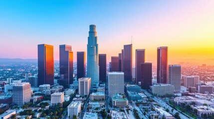 Obraz premium Los Angeles Skyline Sunset Aerial View Urban Cityscape Modern Architecture Skyscrapers