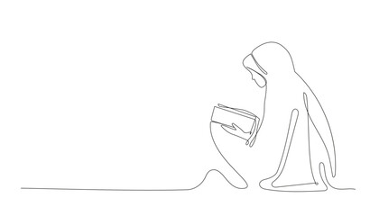 Linear woman reading koran. Young girl in burqa with religious book. Arabic and islamic culture and traditions. Minimalistic creativity and art. Linear vector illustration