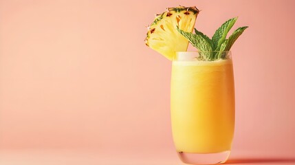 A vibrant tropical smoothie in a clear glass garnished with fresh mint leaves and a slice of pineapple on a light solid color background