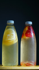 Lemon and strawberry fruits flavored infused water. Summer refreshing drink. Health care, fitness, healthy nutrition