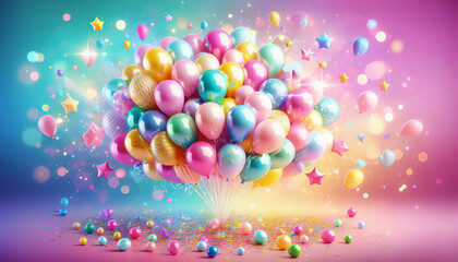 A burst of colorful balloons signifies a joyful celebration.