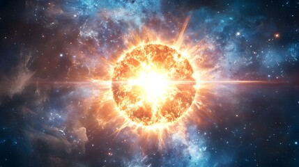 A close-up of the sun emitting radiant beams, surrounded by cosmic dust and a deep blue void