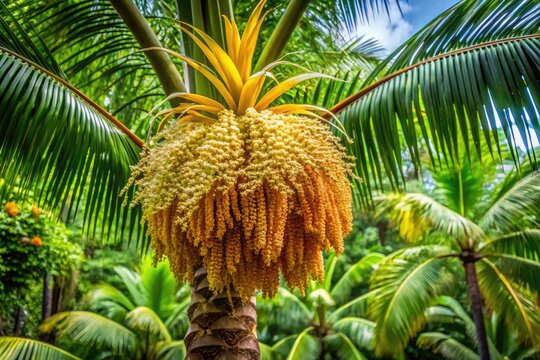 Beautiful Nikau Palm Flowering Seedhead Against a Lush Green Tropical Background in Nature