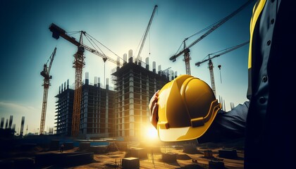 The light of the golden hour casts shadows on an urban construction scene, highlighting the progress and silhouette of cranes and scaffolding.