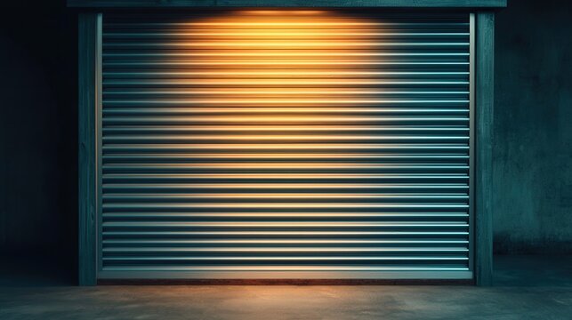 Closed Metal Roller Shutter Door with Warm Light  Urban Architecture  Industrial Design