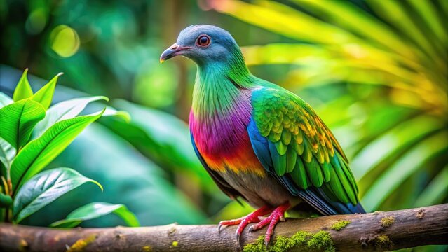 Beautiful pidgin bird perched on a branch in a lush green tropical environment, vibrant plumage displayed