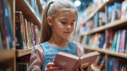 A teenage girl working part-time at a local bookstore, carefully arranging books on shelves, learning responsibility and gaining experience in her first job