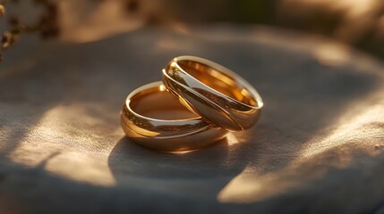 Close-up of gold wedding rings intertwined, representing a lifelong bond of love and devotion, their smooth surfaces gleaming in the light as a symbol of unity 