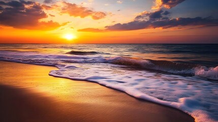 Fototapeta premium A vibrant sunset casting golden hues over a tranquil beach scene, with gentle waves lapping at the shore and an open area for captions
