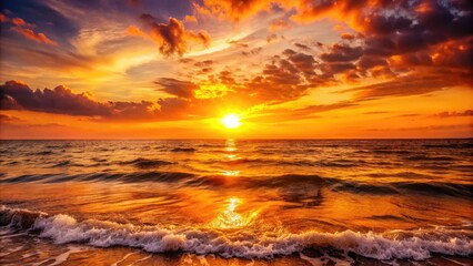 Obraz premium Breathtaking Orange Sunset Over Tranquil Sea with Gentle Waves and a Peaceful Atmosphere