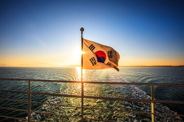 Korean Flag(Taegeuggi) on a passenger ship heading for Modo Island near Ongjin-gun, Incheon, South Korea