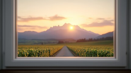 Fototapeta premium Mountain Sunset View Through Window with Vineyard Landscape