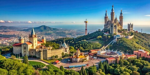 Obraz premium Breathtaking View of Tibidabo Mountain and Amusement Park Above Barcelona with Clear Blue Sky