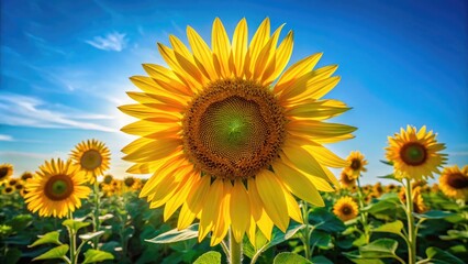 Bright and Cheerful Sunflower Plant in Full Bloom Against a Clear Blue Sky on a Sunny Day