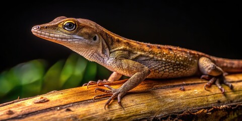 Naklejka premium Brown Anole Lizard Resting on Log in Natural Habitat, Close-Up of Reptile in the Wild Environment