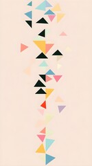A minimalist design featuring an array of triangles, each in a different hue, floating on a solid pastel-colored background