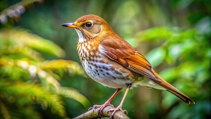 Fototapeta premium Brown Bird with White Wing Accents Perched on a Branch in a Natural Outdoor Setting of Greenery