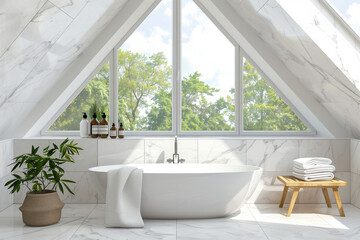 Stylish bathroom interior design with marble panels, bathtub, towels, and modern glamour personal bathroom accessories, roof window