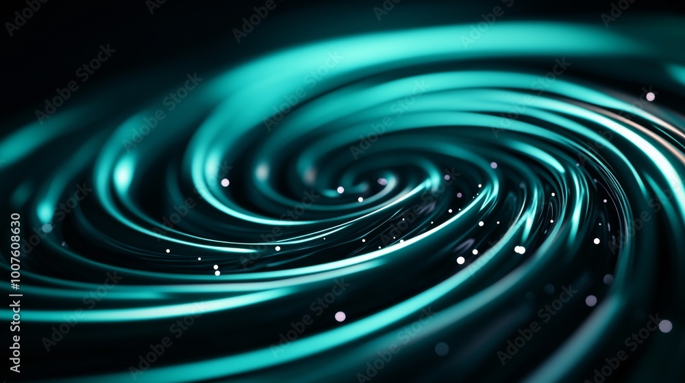 Poster abstract swirling pattern with luminous teal and black tones creating a dynamic visual effect.